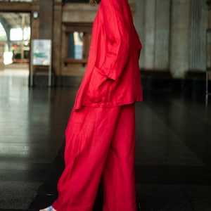 Hight waisted culottes, Wide leg red pants, Linen summer wide trousers, Loose long linen pants with pockets, Linen Baggy Pants URTA