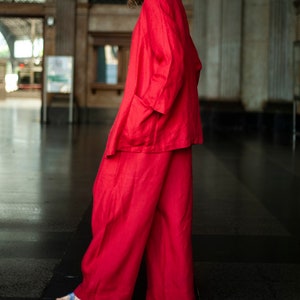Hoch taillierter Damen Leinen Hosenrock, Rote Leinen Leinenhose, Elegante Leinenhose, Lange Leinenhose mit Taschen, Damenhose URTA