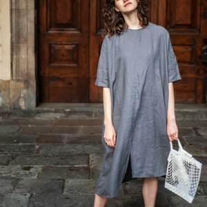Linen loose fit midi lengths dress, summer asymmetric tunic with sleeves, Minimalistic style