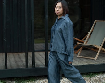 Women's linen pants - Casual linen viscose tapered trousers with front pleats - Lightweight breathable summer denim blue linen trousers