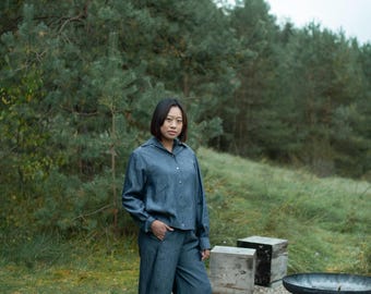Women’s long sleeve linen shirt, Linen viscose top, Casual jacket type linen overshirt, Relaxed fit linen top, Denim blue button-up shirt