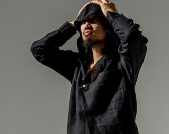 Men's linen hooded shirt, Linen lounge top for men, Linen yoga clothes, Linen clothing for men, Linen meditation outfit