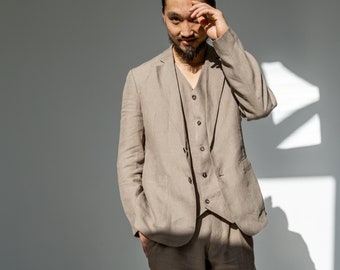 Blazer de linho masculino de verão, Blazer para casamento na praia, Traje de casamento do noivo, Jaqueta de linho masculina de abotoamento simples, Blazer para convidado de casamento