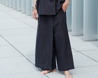 Linen pants for men, Loose wide-leg pants with skirt panel, Linen palazzo pants with pockets, Men's wide-leg skirt pants