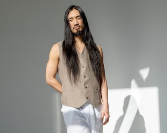 Gilet classico da uomo in lino, gilet foderato in lino da uomo, gilet foderato in lino per abito da sposo, abbigliamento in lino per invitati a un matrimonio