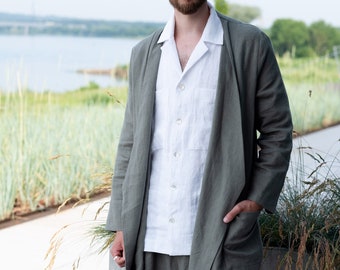 Oversized olive green linen blazer for men, Boho style jacket