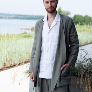 Oversize&#39;owy lniany żakiet w kolorze oliwkowo-zielonym dla mężczyzn, kurtka w stylu boho