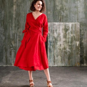 Linen wrap dress with long sleeves, Belted dress with full circle skirt, Knee length midi dress CHO