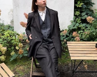 Women's wool pants, Tweed wool tapered pants, Modern pleated pants with pockets, Women's premium quality clothes, Office clothes for women