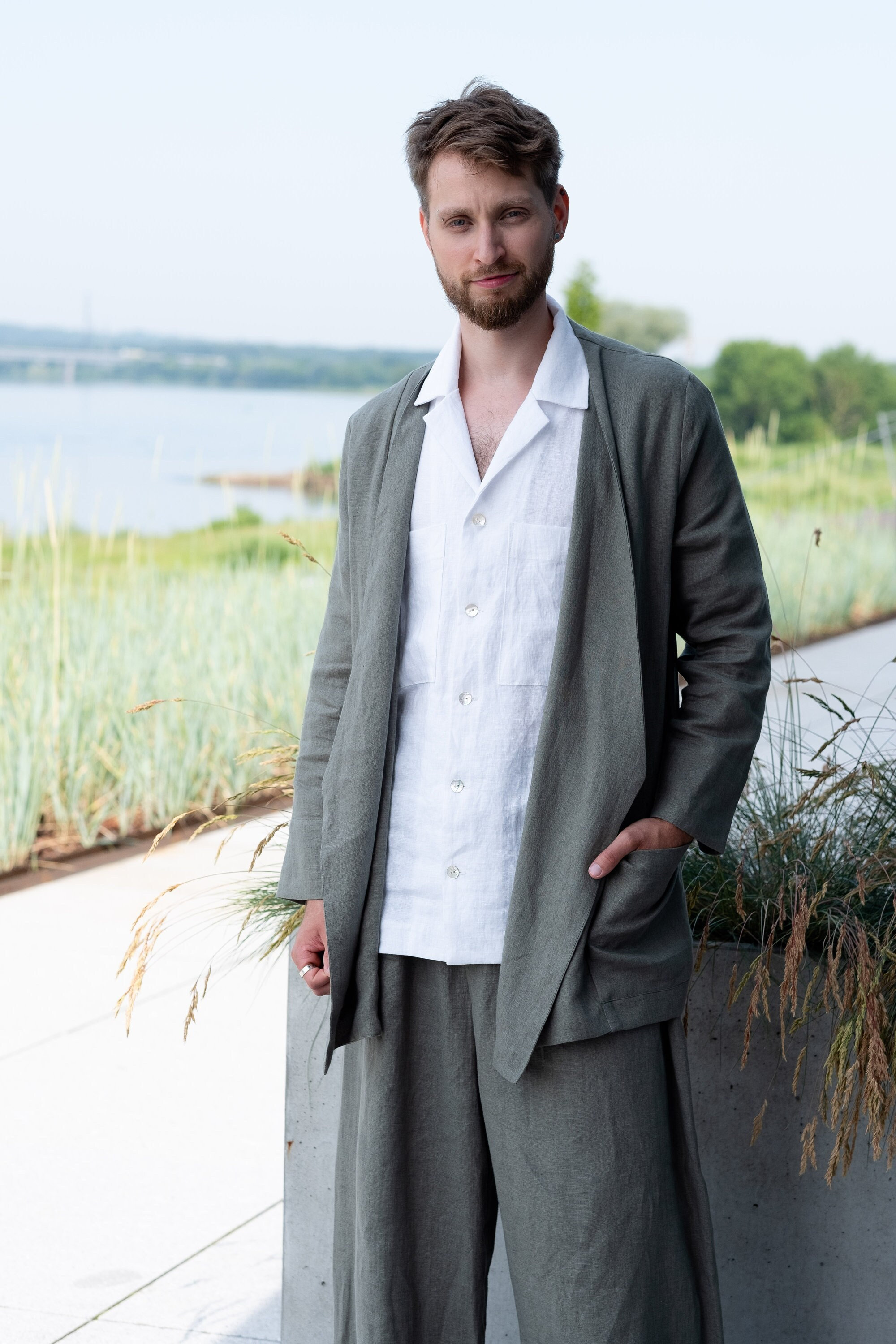 Oversized Olive Green Linen Blazer for Men, Boho Style