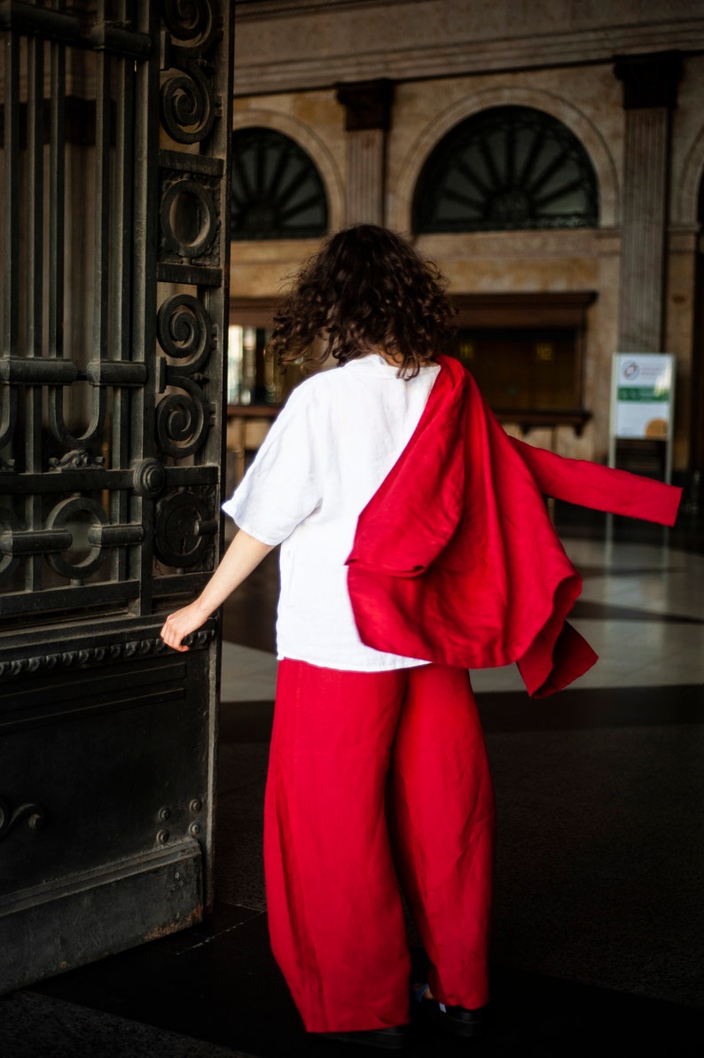 Hight waisted culottes, Wide leg red pants, Linen summer wide trousers, Loose long linen pants with pockets, Linen Baggy Pants URTA