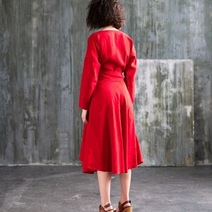 Linen wrap dress with long sleeves, Belted dress with full circle skirt, Knee length midi dress CHO