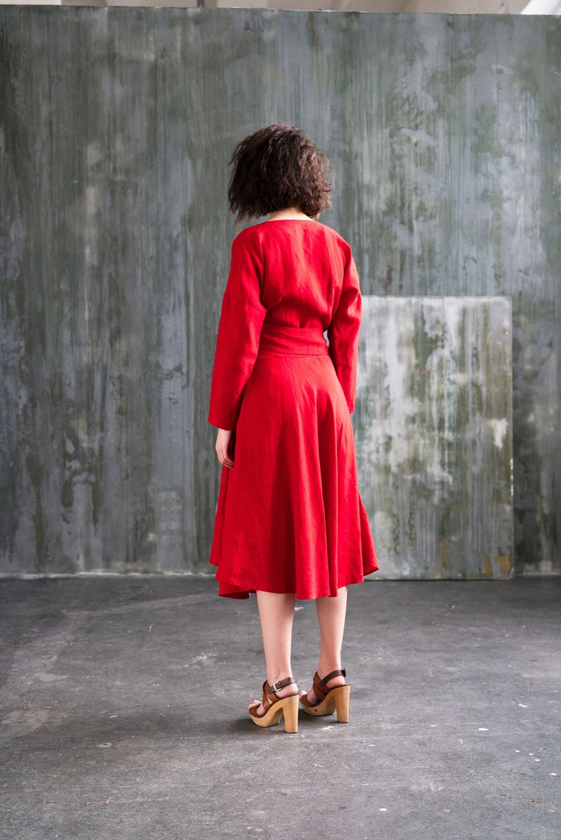 Linen wrap dress with long sleeves, Belted dress with full circle skirt, Knee length midi dress CHO