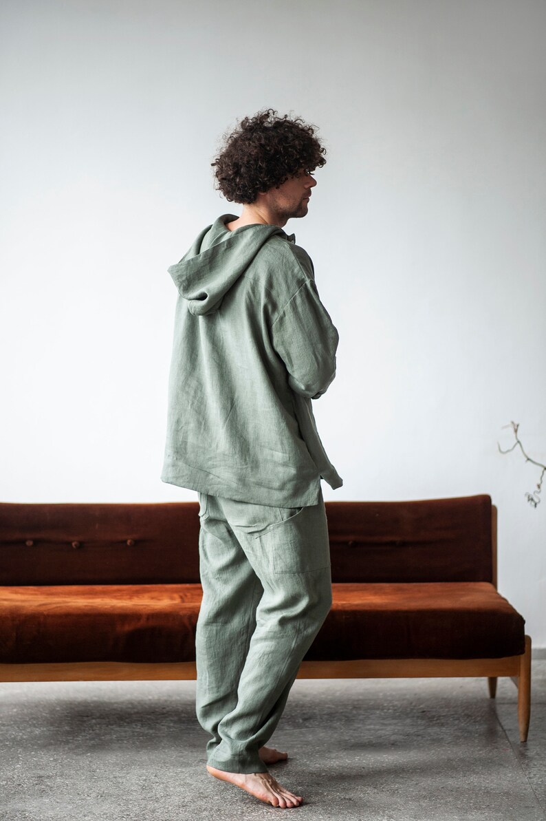Linen yoga suit for men, hooded jacket, loose fit pants,  tracksuit for men, lounge set, 2 piece men linen set