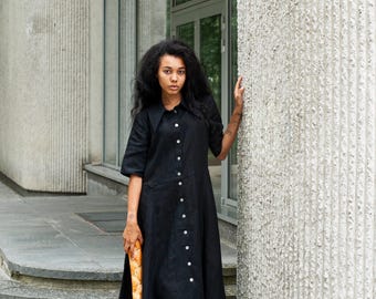 Black Linen Maxi shirt  Dress for Women, Button Front Linen Dress, Short Sleeve Dress, Flare Dress,Summer Linen Dress, Midi Capsule Wardrobe