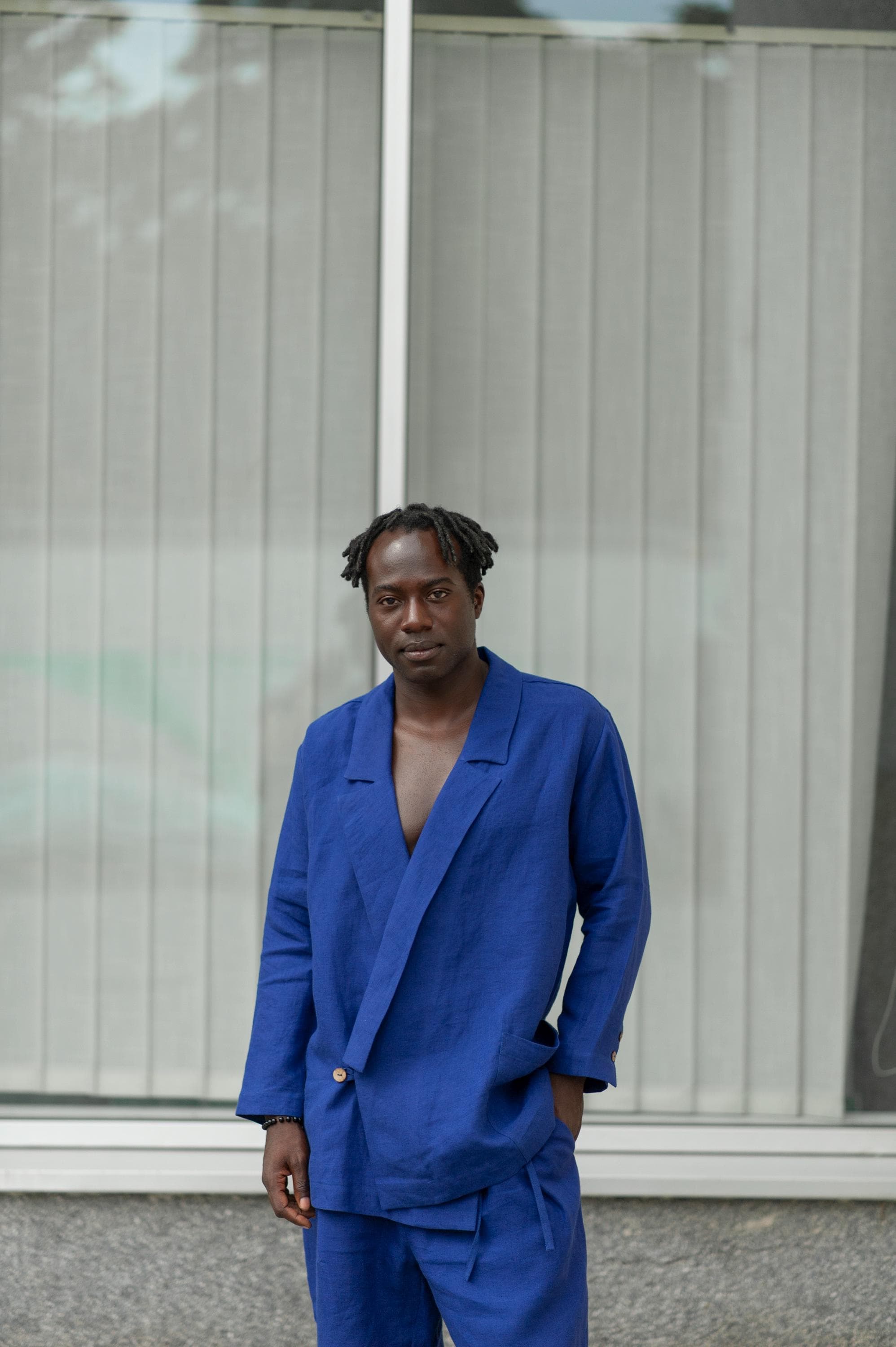 Handmade Mens Linen Suit: Japanese Noragi Wrap Blazer, Pleated