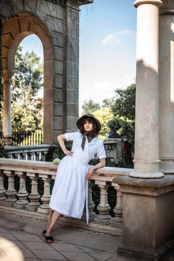 White summer Linen dress with short sleeves, Linen wrap dress, Linen wedding guest dress, Linen maternity dress