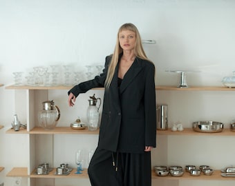 Women's 2-piece wool suit: Handmade wool double-breasted blazer and wide-leg pants, Premium quality women's clothing