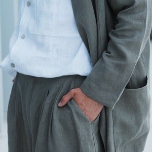 Oversized olive green linen blazer for men, Boho style jacket