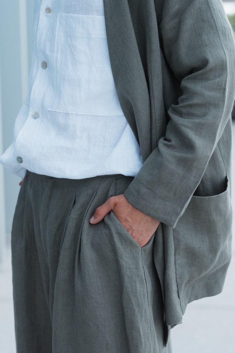 Oversized olive green linen blazer for men, Boho style jacket