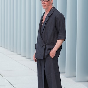 Japanese kendo jacket-inspired linen blazer with notched lapels and wide-leg pants