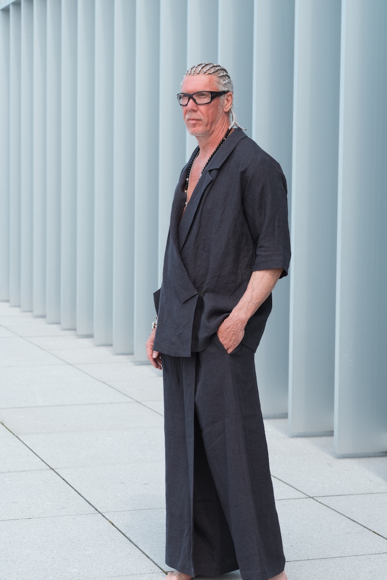 Japanese kendo jacket-inspired linen blazer with notched lapels and wide-leg pants