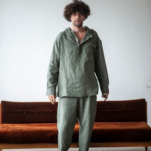 Linen yoga suit for men, hooded jacket, loose fit pants,  tracksuit for men, lounge set, 2 piece men linen set