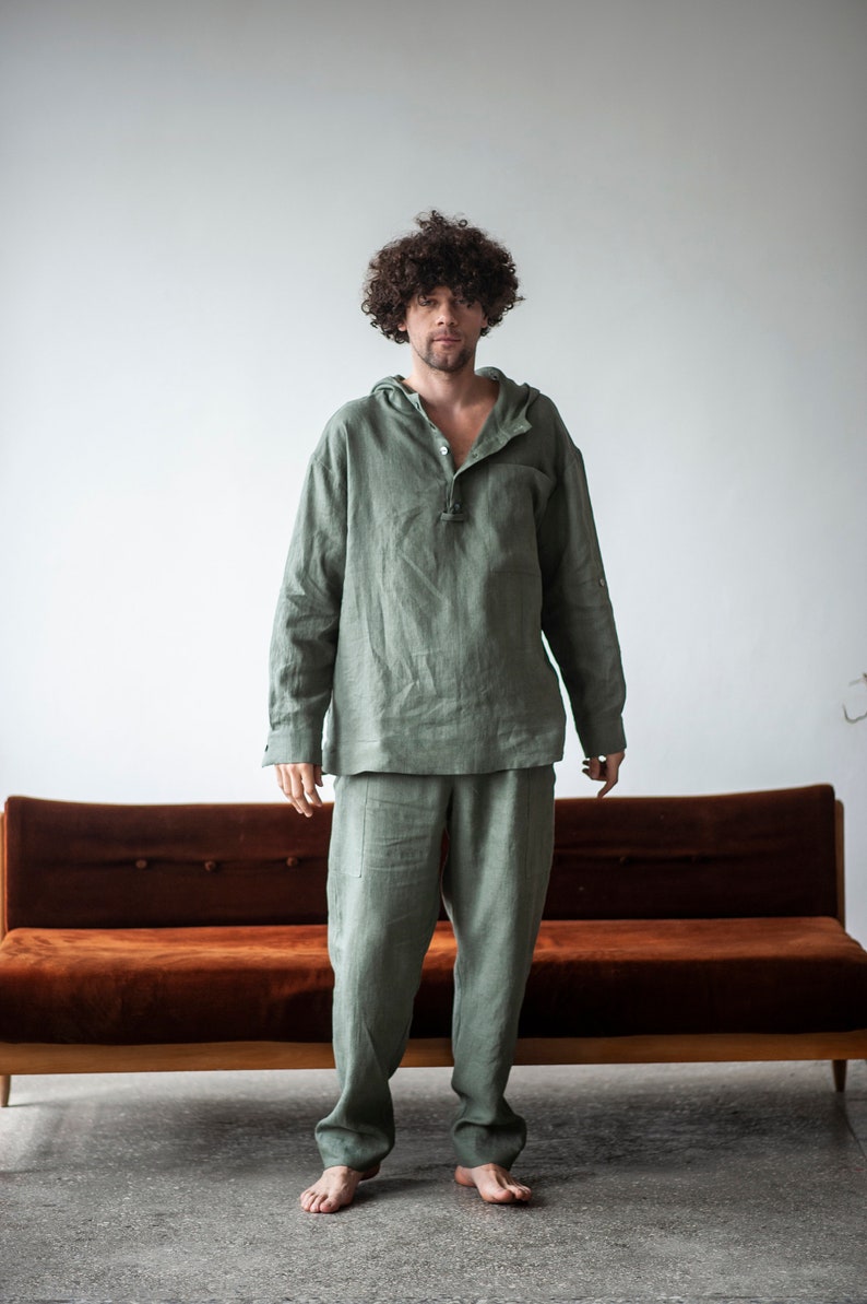 Linen yoga suit for men, hooded jacket, loose fit pants,  tracksuit for men, lounge set, 2 piece men linen set