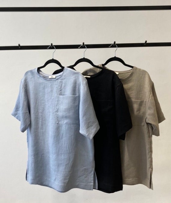 Modern look linen t-shirt, stylish loose-fitting T-shirt, flax clothing for men, short sleeve natural shirt ETHAN, pocket on the front