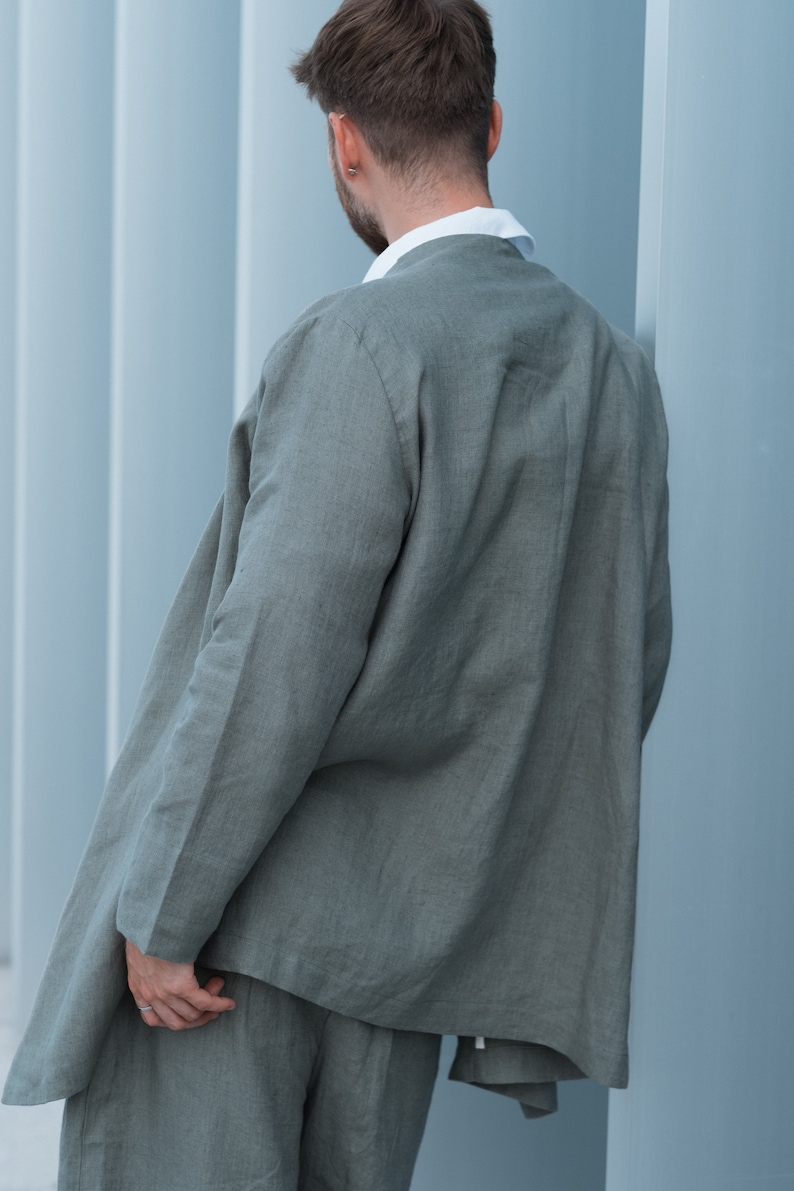 Oversized olive green linen blazer for men, Boho style jacket