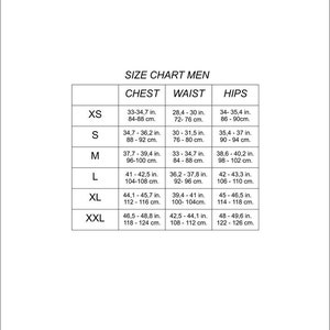 May include: Size chart for men's clothing with measurements in inches and centimeters for chest, waist, and hips. Sizes include XS, S, M, L, XL, and XXL.