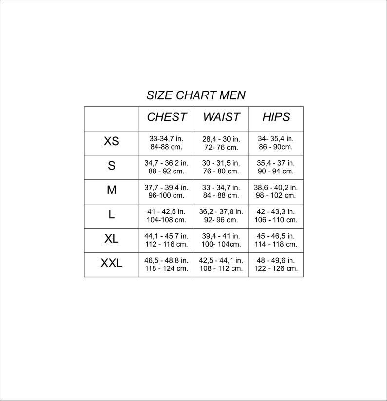 May include: Size chart for men's clothing with measurements in inches and centimeters for chest, waist, and hips. Sizes include XS, S, M, L, XL, and XXL.