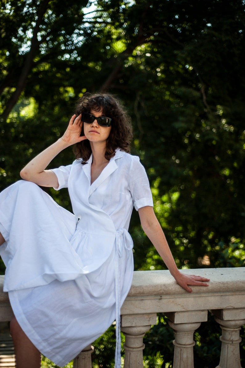 White wrap dress with a classic collar