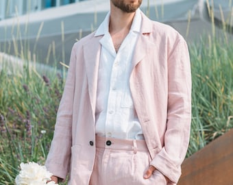 Wedding guest classic linen jacket for men, dusty rose men's lounge  jacket, linen suit for groom, wedding suit party, beach wedding blazer