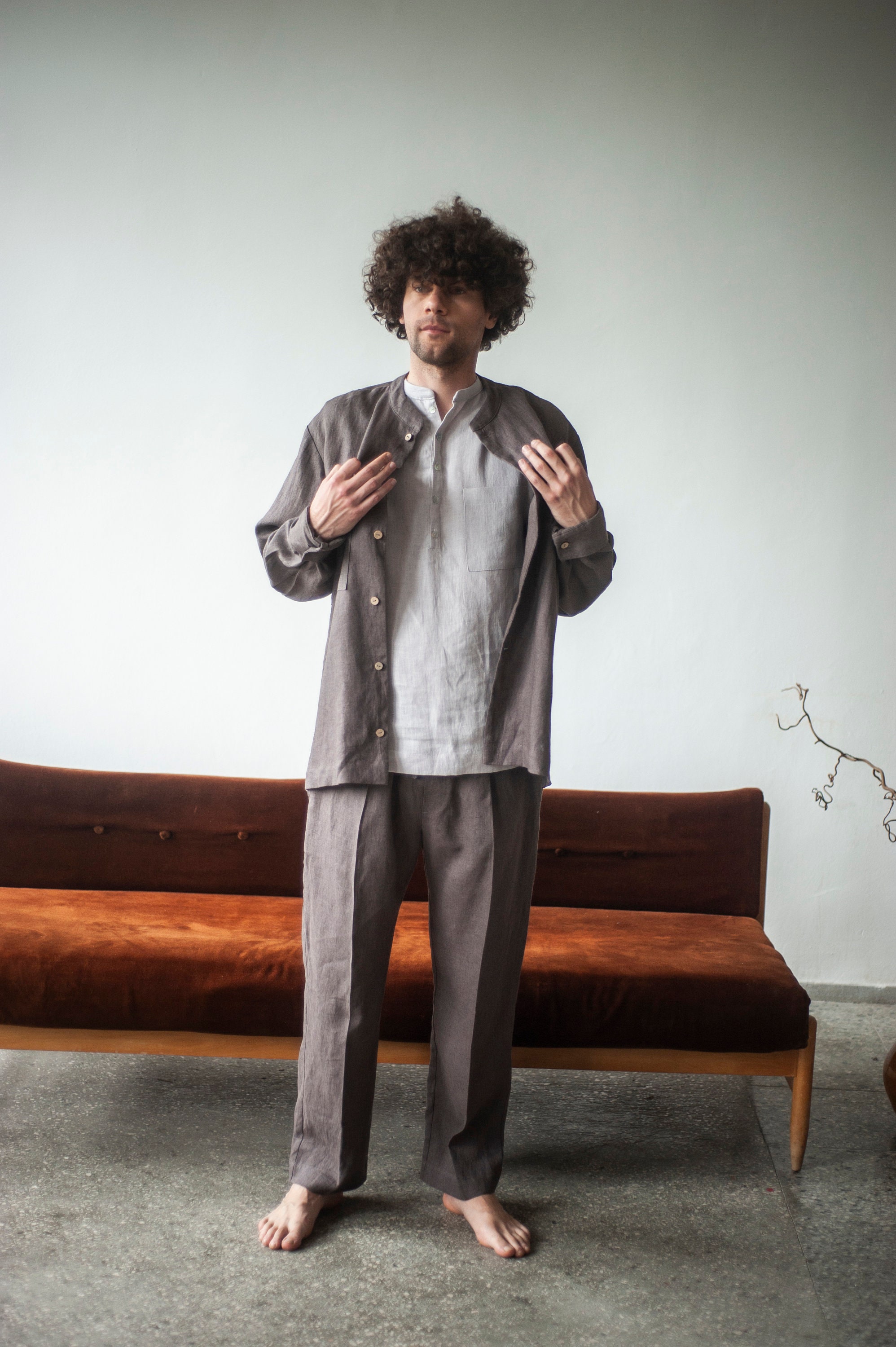 Men's Loose Band Collar Linen Over Shirt, Linen Clothing for Men's Loose Band Collar Linen Over Shirt, Linen Clothing for