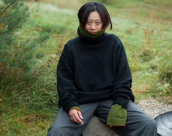 Black oversized turtleneck jumper, Minimalist high neck sweater, Women's merino wool loungewear, Sustainable handmade knitwear
