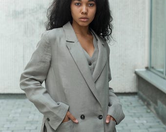 Linen women's tailored double breasted blazer with side slits, relax fit boxy linen jacket with pockets, half lining and button closure