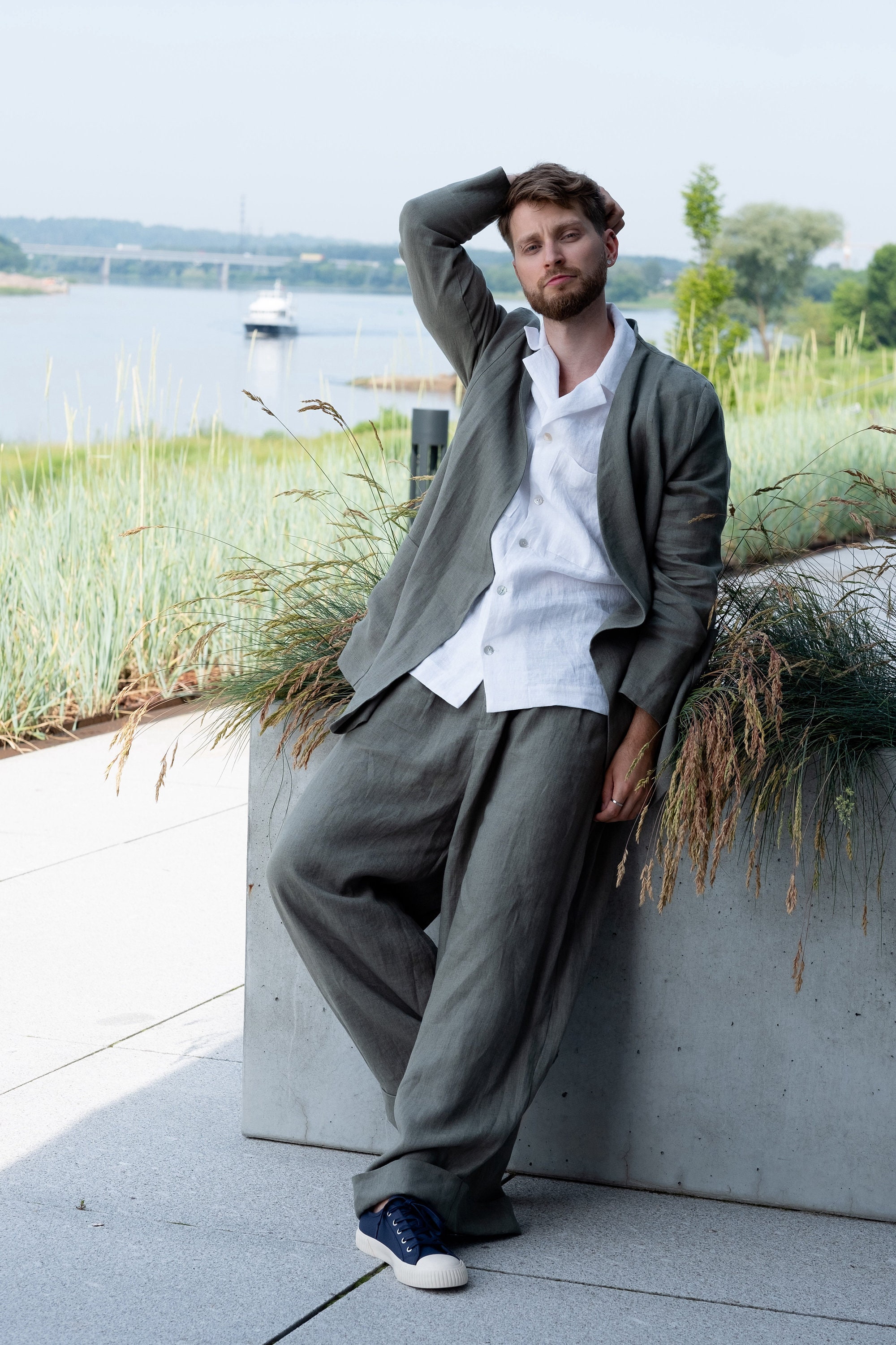 Indie Linen Blend Pants Olive Suit