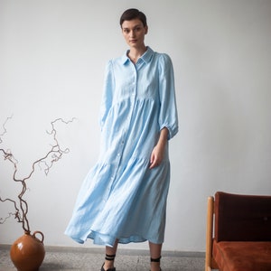 Robe bohème ample à volants en lin boutonnée sur le devant, robe en lin longue à manches bouffantes avec poches