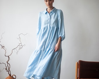 Linen button front loose fitting  tiered boho dress, maxi puffy sleeves linen dress with pockets