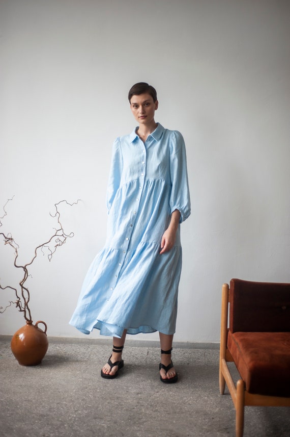 linen tiered dress with sleeves Mustard Linen Long Sleeve Tiered Dress with Elastic Casing Back Dannie and Lilou