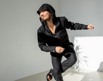 Linen hoodie for men, Relaxed fit linen shirt with hood, Minimalist linen clothing for men, Men's linen loungewear