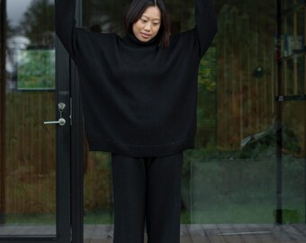 Black knitted wide-leg pants, Women's merino wool knitwear, Comfortable loungewear, Comfy travel clothes, Wide joggers, Warm daily pants