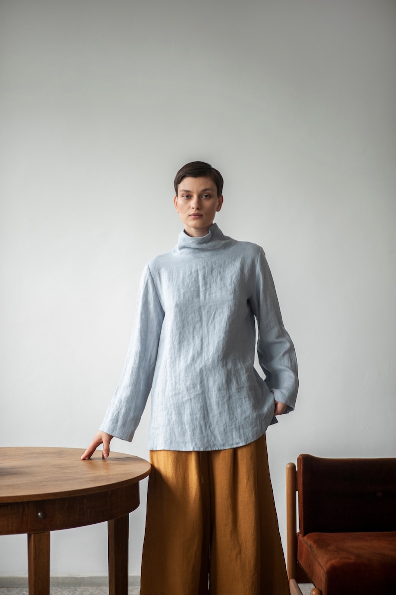 Linen Turtle neck long sleeves blouse, women high neck collar shirt, loose fit round neck women blouse ,funnel neck blouse Patis project.