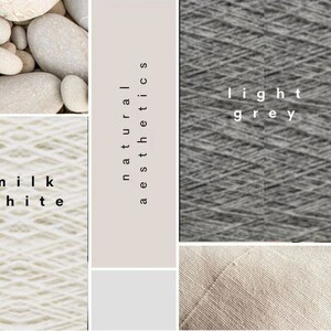 K&ouml;nnte beinhalten: Eine Collage mit Naturelementen und Farbfeldern. Das Bild zeigt einen Haufen glatter, hellfarbiger Steine, einen Strang milchwei&szlig;er Wolle und einen Strang hellgrauer Wolle. Der Text "natural aesthetics" wird vertikal angezeigt.