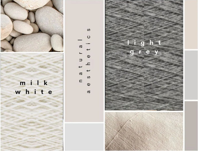 K&ouml;nnte beinhalten: Eine Collage mit Naturelementen und Farbfeldern. Das Bild zeigt einen Haufen glatter, hellfarbiger Steine, einen Strang milchwei&szlig;er Wolle und einen Strang hellgrauer Wolle. Der Text "natural aesthetics" wird vertikal angezeigt.