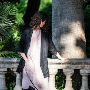 Kazou jacket over a linen tunic and wide-leg pants