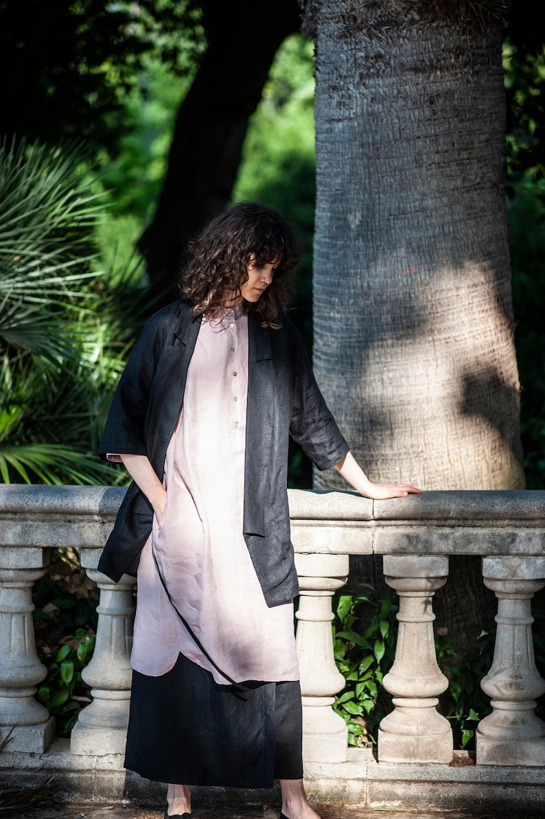 Kazou jacket over a linen tunic and wide-leg pants