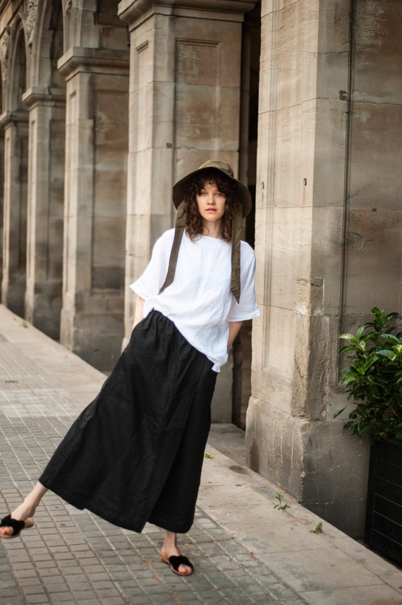 WOMEN LINEN TROUSERS | Premium Linen Outfit | Linen Culottes | Versatile Skirt-Like Linen Pants | Elastic Waist & Pockets For Everyday Ease