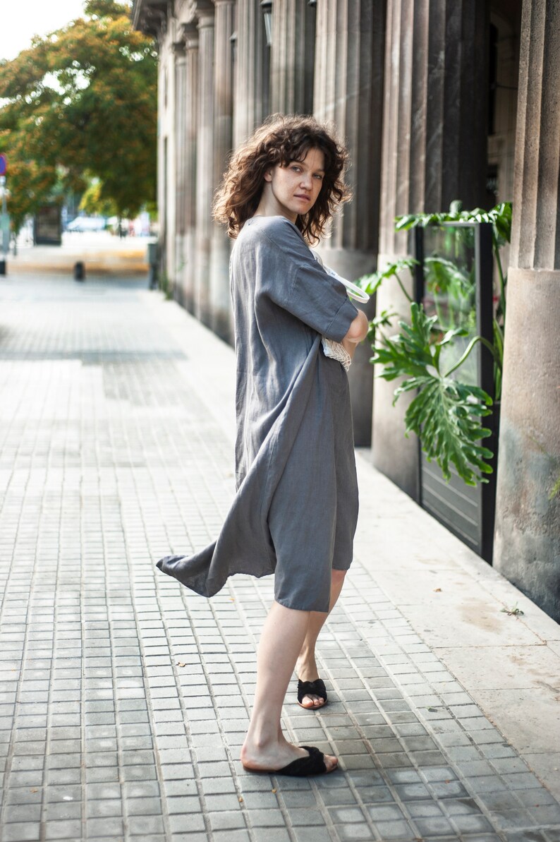 Linen loose fit midi lengths dress, summer asymmetric tunic with sleeves, Minimalistic style